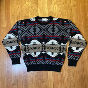 Vintage 90s London Fog Mens Large Aztec Geometric Black Sweater Grandpa Cosby